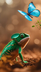 Chameleon and Butterfly in Dreamy Forest Light