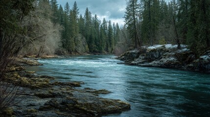 Serene River Flowing Through Evergreen Forest