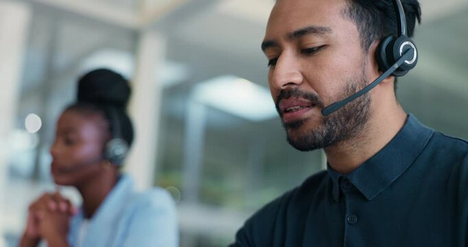 Call center, talking and business man in office for loan recovery, debt collection or billing. Contact us, consultant speaking and communication with headset for banking, payment reminder and finance