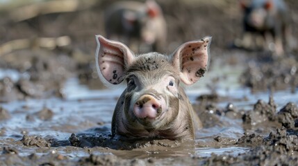 A cute piglet with expressive features wades through a muddy farmyard, capturing the essence of rural life and the charm of farm animals in their natural habitat.