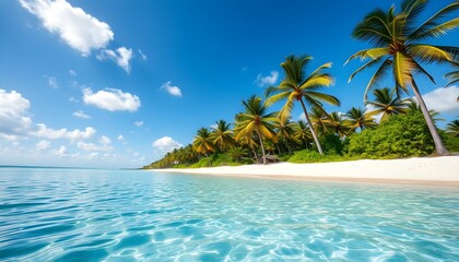 Idyllic tropical beach scene with pristine white sand, turquoise water, and lush palm trees under a vibrant blue sky.