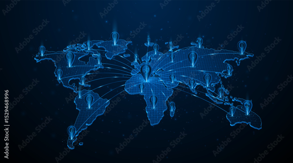 Aufkleber Global connection network background. Pin pointer on map. World map. Internet technology or global communication concept.	
