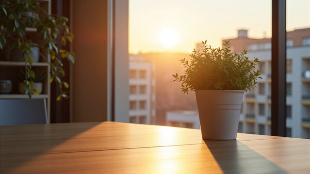 Laptop and coffee cup on table with sunlight coming through window  