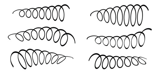 Drawning cartoon spiral springs set. Metal coil, flexible coils, wire spring concept. Curly wavy or twisted. wavy or wave line pattern. For boxing gloves or surprise idea.