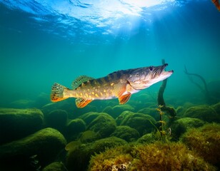 Fototapeta premium logperch swimming underwater in the st lawrence river