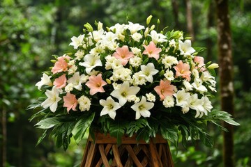 A large, elegant floral arrangement of white and pale pink lilies and carnations sits on a wooden stand against a lush green forest background.