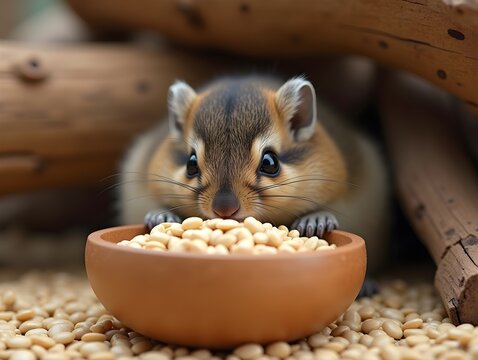 Cute small furry animal eating seeds in wooden bowl surrounded