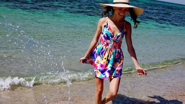 Seaside Dream: A woman frolics joyfully along a pristine beach, bathed in sunlight with turquoise water and a sense of carefree freedom.