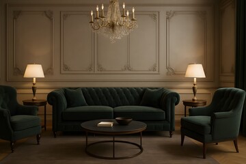 Luxurious Green Velvet Living Room with Elegant Chandelier Lighting
