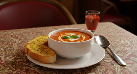 Creamy Tomato Soup Garnished with Basil, Served with Garlic Bread
