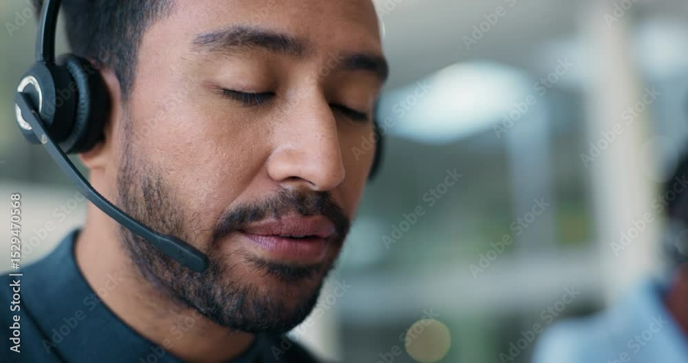 Aufkleber contact us, face and support with man in call center for advice, online help or virtual assistance. 