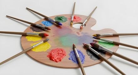 Wooden Paint Palette with Smudges and Brushes – Artistic Mockup