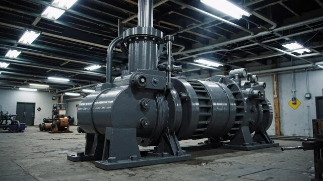 Industrial Dynamo: A close-up view of a massive industrial machine, a testament to the power and precision of engineering, dominates an expansive factory floor.