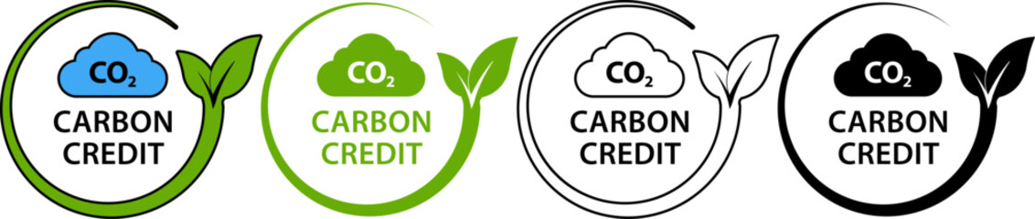 Carbon credit icons with leaf and CO2 cloud symbol in different styles and colors