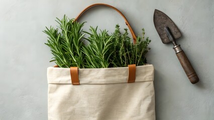 Elegant Canvas Tote Bag Mockup Fresh Herbs and Gardening Tools Photography