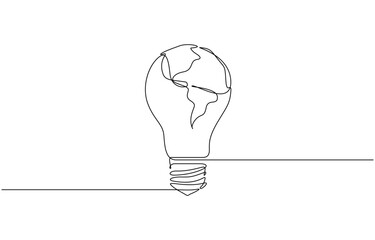 Continuous line drawing of light bulb with Earth globe inside, Earth globe inside lightbulb in one continuous line drawing. Vector Concept of Eco innovation, simple doodle style. Editable stroke.