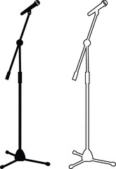 Microphones on counters and microphones and stands separately for design icon set. Vector silhouette clip arts. Retro and modern music sign, mic tool. Close-up microphone stand in small collection.