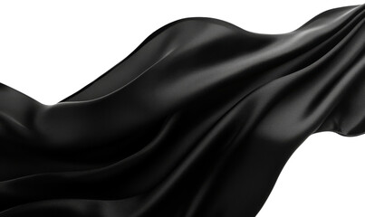 Black satin fabric cloth flowing with smooth drapery on a transparent backdrop.