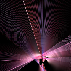 Abstract fractal background. Purple-pink luminous lines diverge on a black background. 3D rendering. 3D illustration.