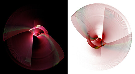 Red abstract striped propellers on black and white backgrounds. Icon, logo, symbol, sign. 3D rendering. 3D illustration.