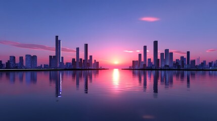 Fototapeta premium A majestic, futuristic cityscape with towering skyscrapers reflected in the calm waters of a river, as the sky bursts with vibrant hues during a stunning sunset