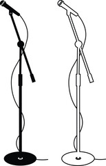 Microphones on counters and microphones and stands separately for design icon set. Vector silhouette clip arts. Retro and modern music sign, mic tool. Close-up microphone stand in small collection. © WaQar