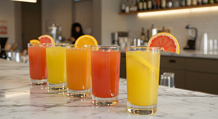 Colorful Citrus Juice Lineup at a Marble Bar