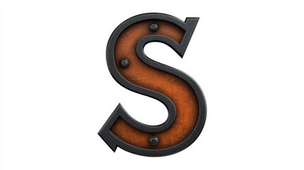 Metallic letter s with brown leather texture vintage alphabet design for crafts and decoration
