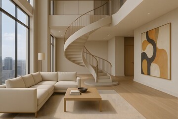 Modern Elegant Living Room with Spiral Staircase and Artwork
