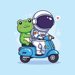 cute cartoon Astronaut and frog on a Scooter vector illustration