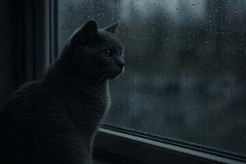 Lonely cat gazing out the rainy window with melancholy on a dark moody day