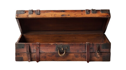 An antique wooden chest with leather straps and metal accents is open.