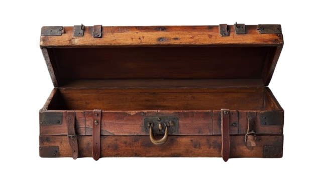 An antique wooden chest with leather straps and metal accents is open.