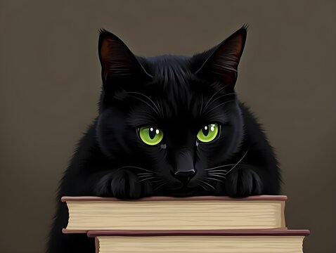A sleek black cat with vibrant green eyes perches gracefully on a stack of books