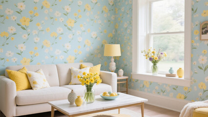 Living room interior with floral wallpaper sofa and flowers in vases