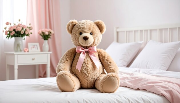 Naklejki Teddy bear on bedroom bed.