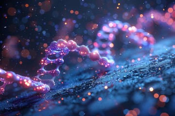 An abstract representation of a colorful DNA helix against a blurred bokeh background, symbolizing the complexity of life and the beauty of genetic science in a vibrant way.