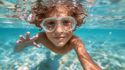 Fototapeta premium A joyful boy immersed in clear water, wearing goggles while swimming, showcasing a delightful summer experience. A moment of pure fun and adventure under the sun.