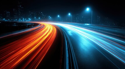Obraz premium Long-exposure photo of a curved highway at night, showing vibrant red and blue light trails from moving vehicles.