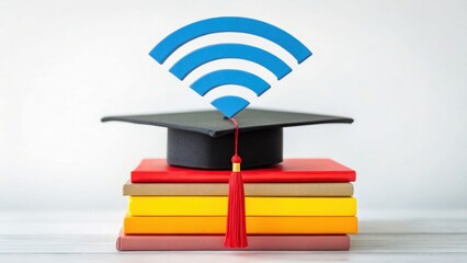 Graduation cap on a stack of books with a Wi-Fi symbol above, symbolizing online education and digital learning.