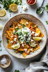 Delicious Nachos with Sour Cream, Fresh Lemon, and Cilantro Garnish