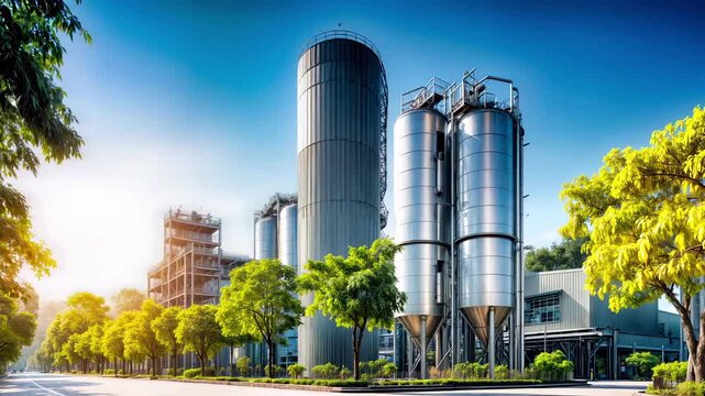 Modern industrial manufacturing plant with large storage silos and processing tanks surrounded by green trees. Chemical refinery facility with steel infrastructure for production and distribution