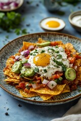 Delicious Nachos Topped with Egg and Fresh Vegetables on Plate
