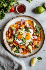 Colorful Chilaquiles Dish with Eggs and Fresh Vegetables on Plate