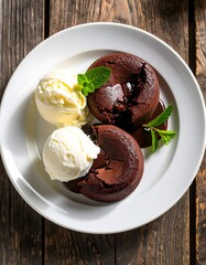 Delicious chocolate lava cakes with vanilla ice cream dessert