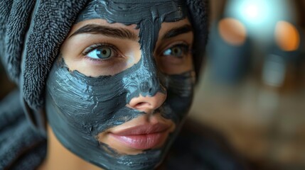 A woman applying a charcoal face mask, highlighting a self-care routine and promoting wellness and beauty, reflecting modern skincare trends and personal grooming.