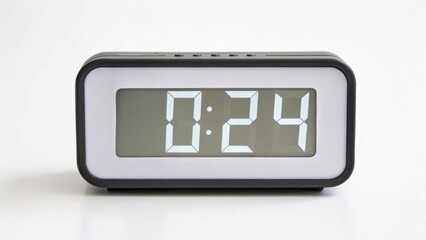 A sleek digital clock displaying the time 0:24 on a white surface.