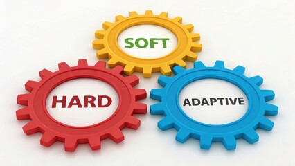 Three colorful interlocking gears labeled Hard, Soft, and Adaptive representing different skill types or approaches working together.