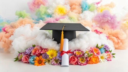 A graduation cap with a diploma surrounded by colorful flowers and a dreamy pastel cloud background.