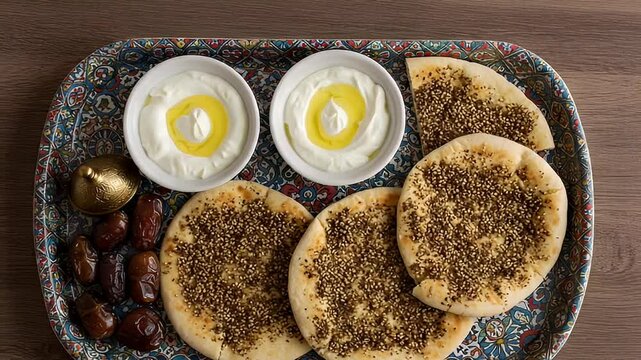 Overhead Shot of Middle Eastern Breakfast Flatbread with Yogurt and Dates on Decorative Tray with Warm Lighting and Rustic Wood Table